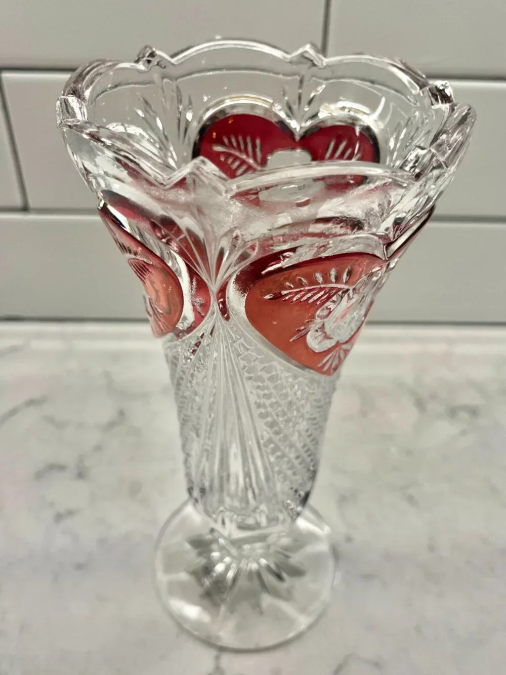 Vintage Enesco Lead Crystal Colored Heart Rose Vase, 8”H